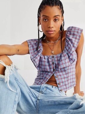 Free People Gone Rogue Plaid Ruffle Crop Top Blue Purple Size Medium